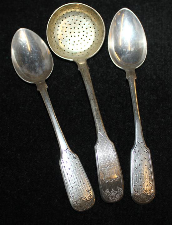 Pair of late 19th century Russian silver fiddle pattern dessert spoons and a ditto sifter spoon